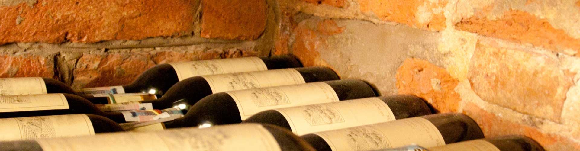 Bouteilles de vins dans cave à vin en sous-sol